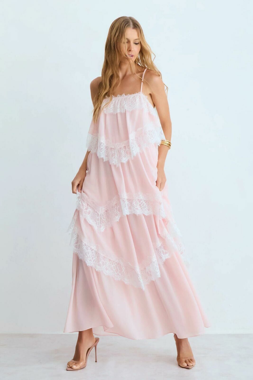 Imagem de Vestido Mídi Babados Com Detalhe Renda Barra Rosa Suspiro Zen